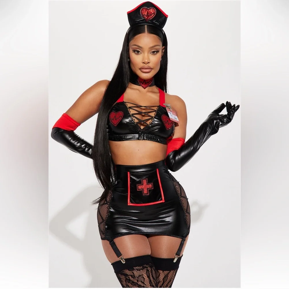 Black and Red Women's Nurse Costume Set Halloween Dress Up Forplay 6 Piece